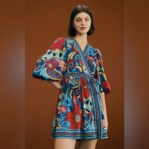 EUC Farm Rio Vintage Forest Satin Mini Dress Wrap Size medium retails $245